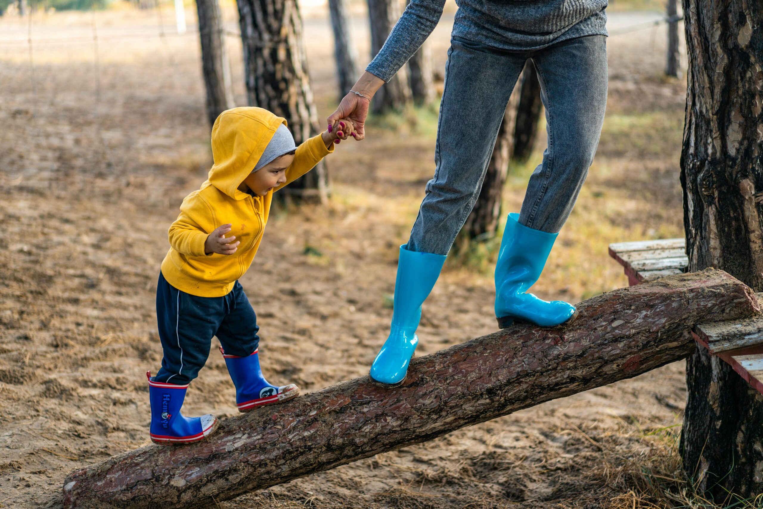 Home A woman helps her toddler walk on a log in a park, showcasing child support and family bonding.